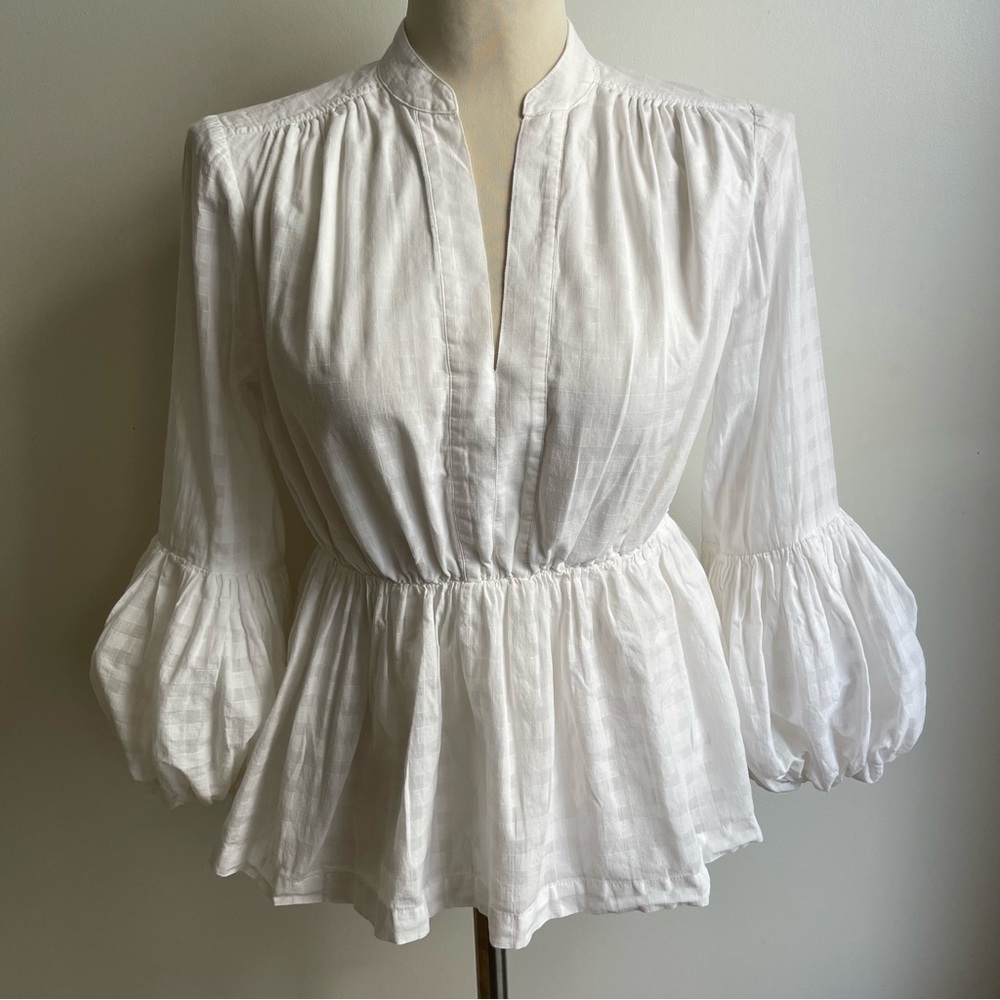 Trina Turk Women's White Beloved Cotton Top V Neck Balloon Sleeve Peplum Small
